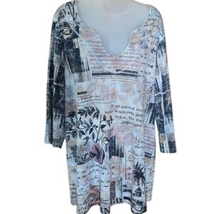 Glima Womens Artsy Collage Tunic Top Size 2X Indigo Maximalist Statement Travel